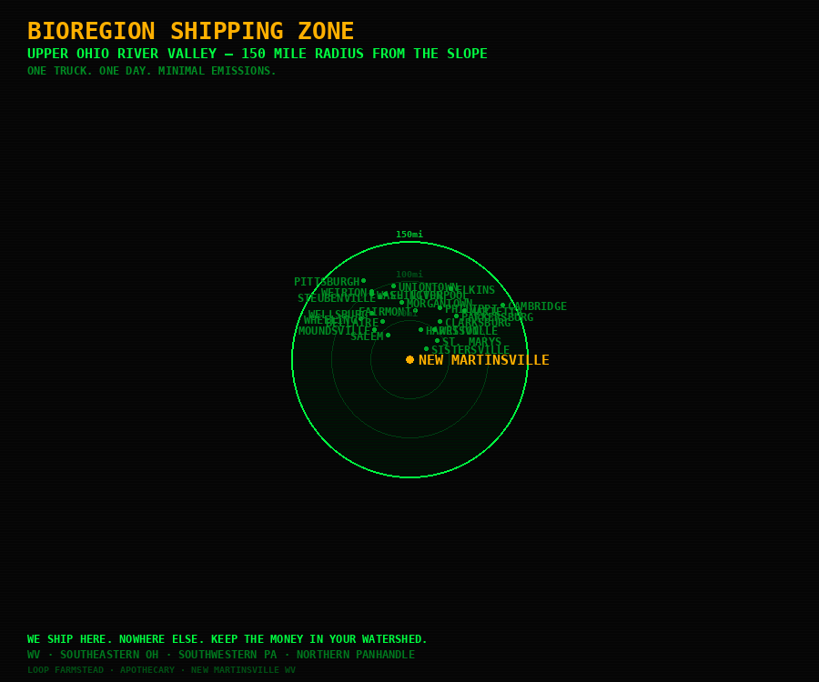 Bioregion shipping zone map - 150 mile radius from New Martinsville WV