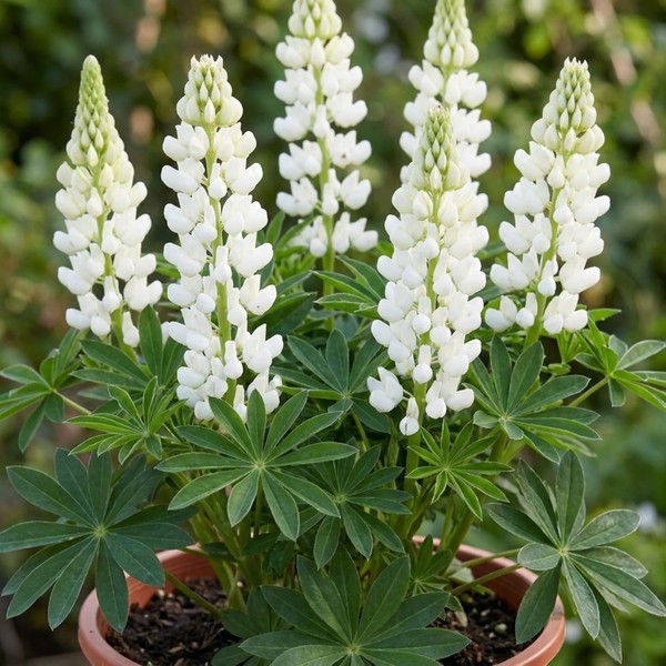 White Lupine (Lupinus albus) — tall white flower spikes with palmately compound leaves in a terracotta pot